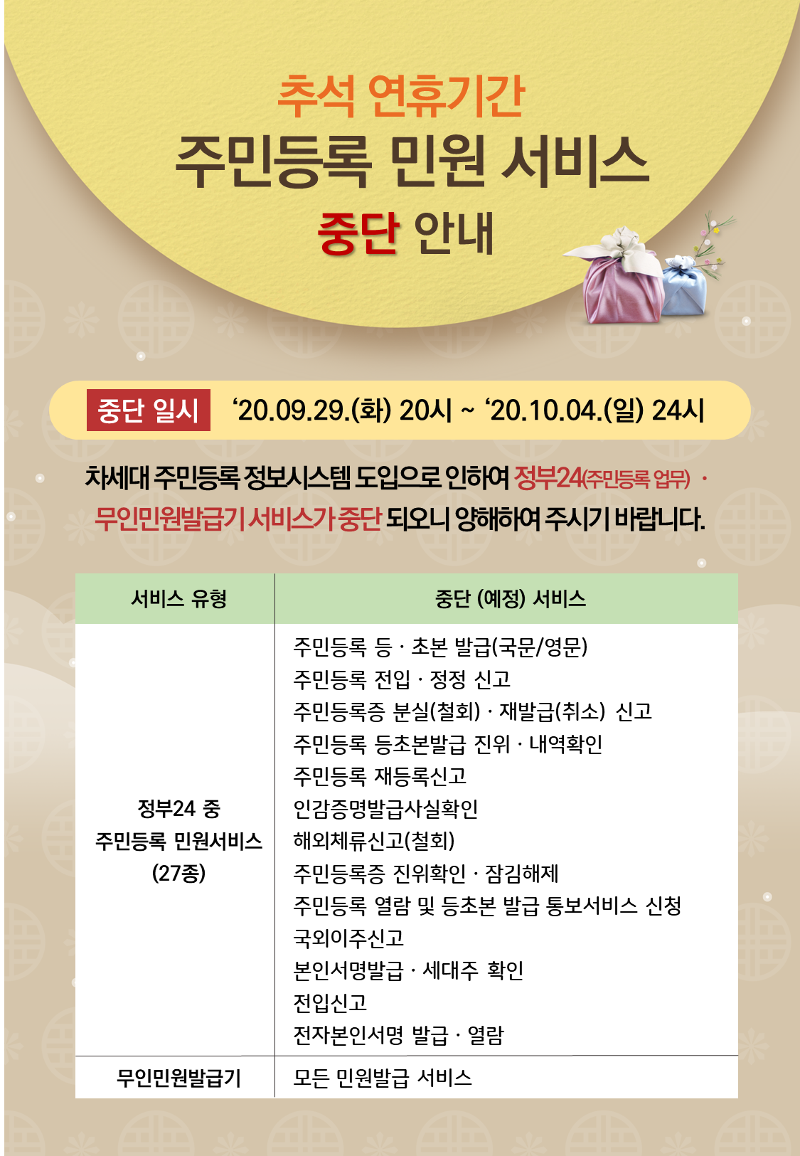 추석 연휴기간 주민등록 민원 서비스 중단 안내 이미지