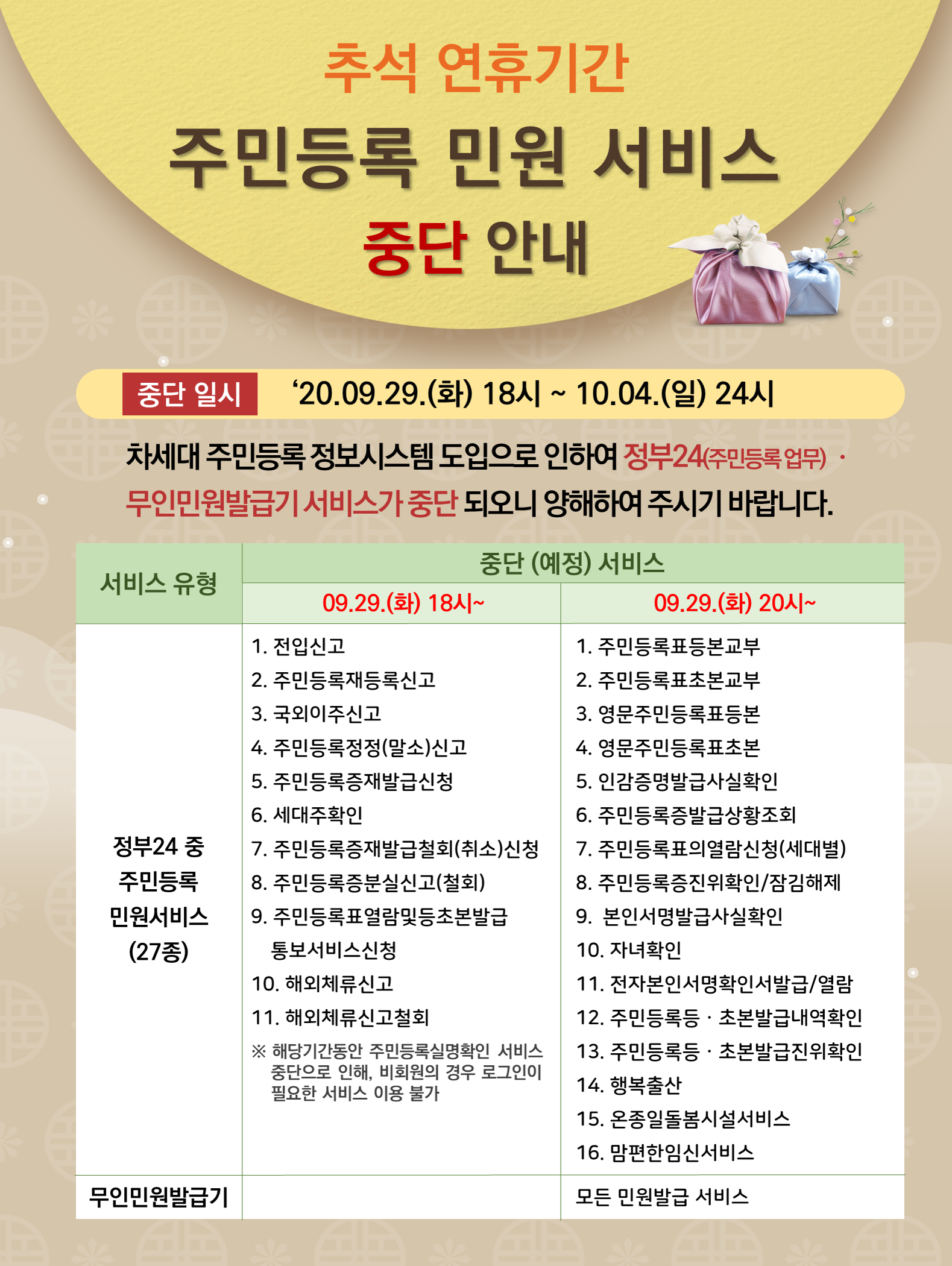 추석 연휴기간 주민등록 민원 서비스 중단 안내 이미지