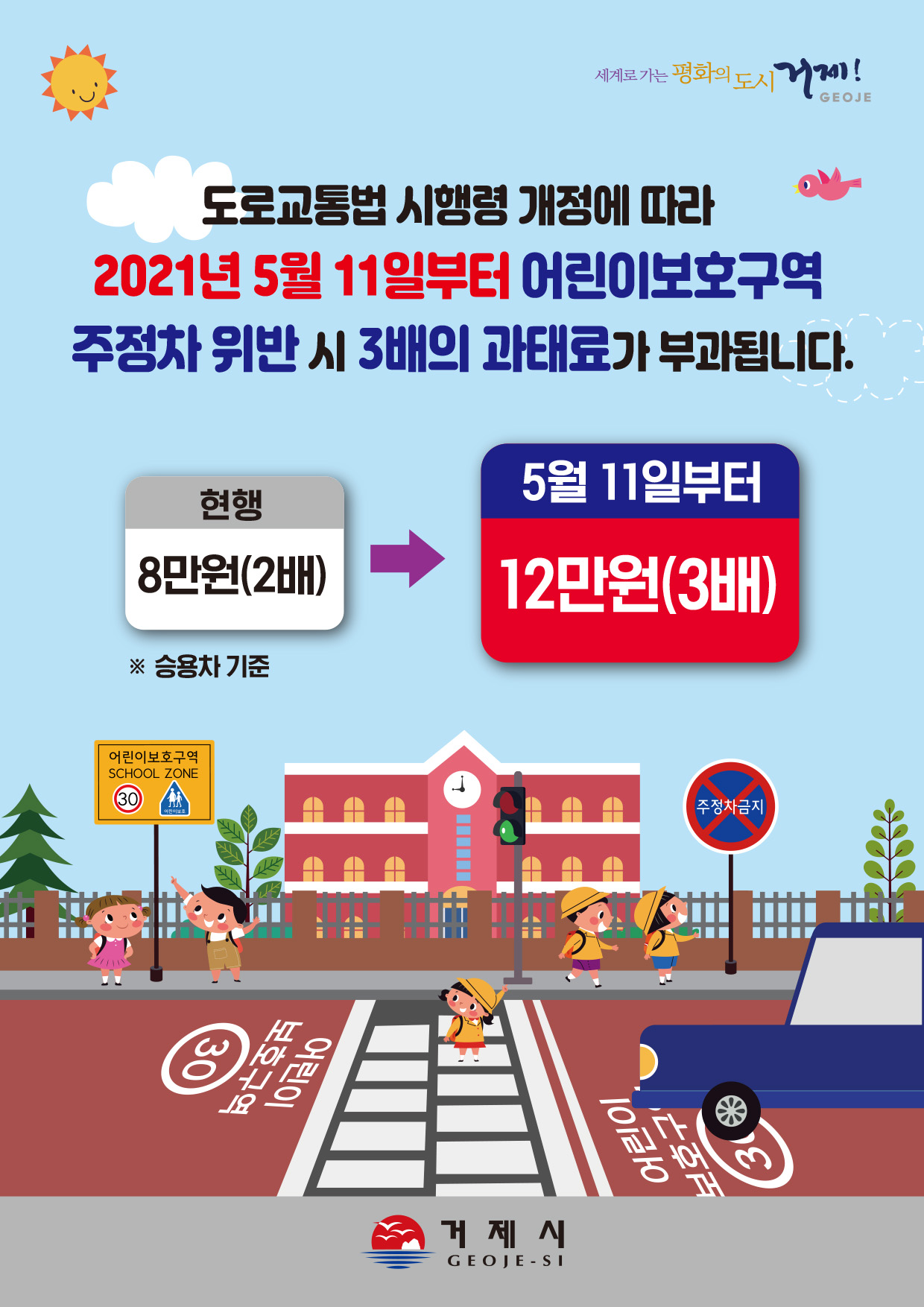 어린이보호구역 주정차위반 과태료 상향 안내(일반도로의 3배) 이미지