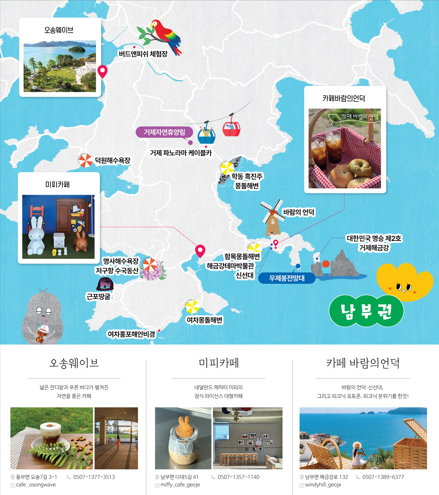 (남부권지도로 카페위치를 설명하는 이미지입니다)
						남부권
						카페:오송웨이브,미피카페,카페바람의언덕
						중요지역:버드앤피시 체험장,거제자연휴양림,거제 파노라마 케이블카,덕원해수욕장,학동 흑진주 몽돌해변,바람의 언덕,대한민국 명승 제2호 거제해금강,명사해수욕장 저구항 수국동산,근포땅굴,여차홍포해안비경,여차몽돌해변,함목몽돌해변,해금강테마박물관,신선대,우제봉전망대

						오송웨이브
						넓은 잔디밭과 푸른 바다가 펼쳐진
						자연을 품은 카페
						주소:동부면 오송7길 3-1
						전화번호:0507-1377-3513
						인스타그램:cafe_osongwave

						미피카페
						네덜란드 캐릭터 미피의
						정식 라이선스 대형카페
						주소:남부면 다대5길 41
						전화번호:0507-1357-1140
						인스타그램:miffy_cafe_geoje

						카페 바람의언덕
						바람의 언덕·신선대,
						그리고 피크닉 포토존, 피크닉 분위기를 한껏!
						주소:남부면 해금강로 132
						전화번호:0507-1389-6377
						인스타그램:windyhill_geoje