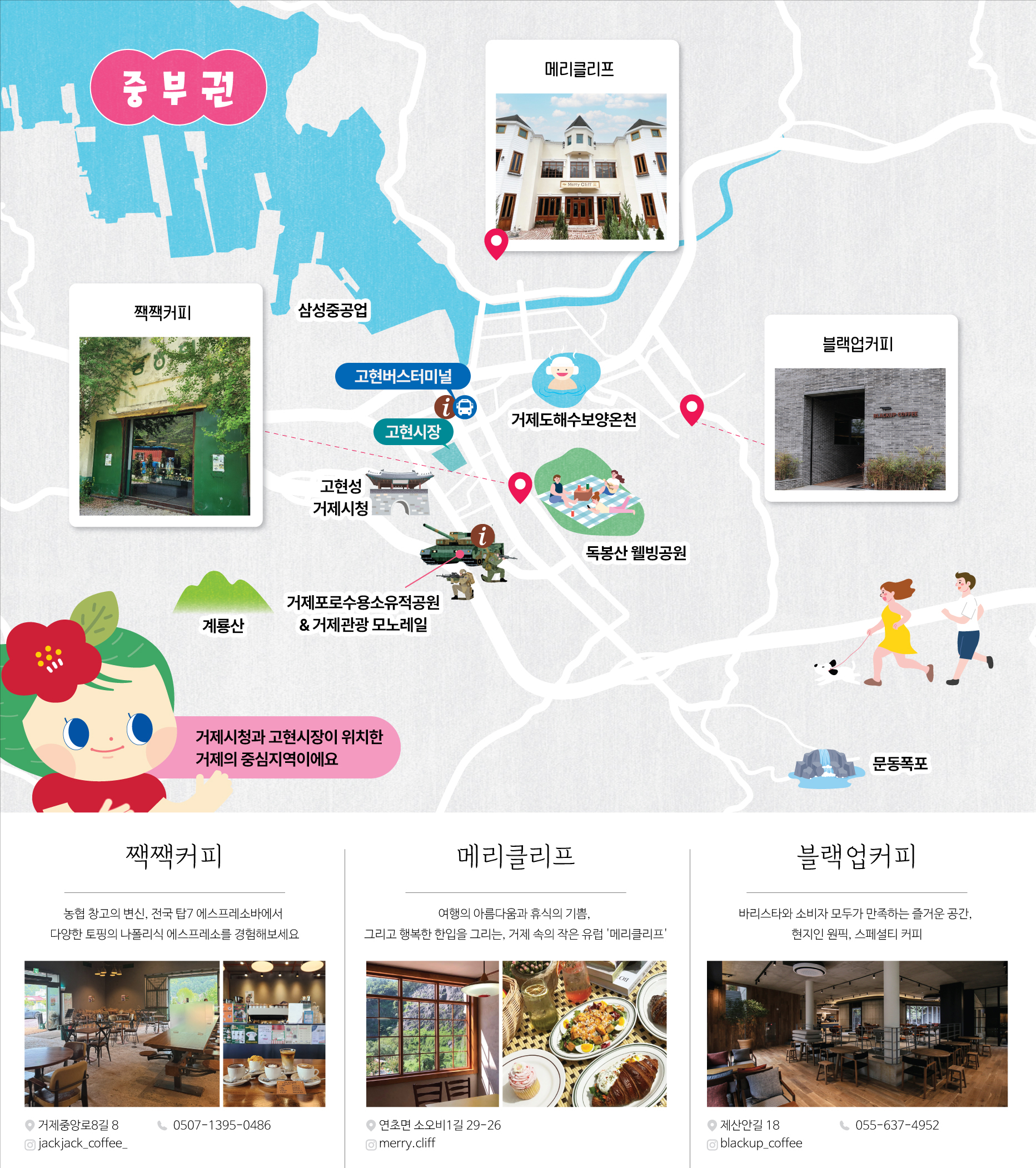 (중부권지도로 카페위치를 설명하는 이미지입니다)
						중부권
						카페:잭잭커피,메리클리프,블랙업커피
						중요지역:삼성중공업,고현버스터미널,고현시장,거제도해수보양온천,독봉산 웰빙공원,고현성 거제시청,거제포로수용소유적공원 & 거제관광 모노레일,계룡산,문동폭포
						＊거제시청과 고현시장이 위치한 거제의 중심지역이에요

						잭잭커피
						농협 창고의 변신, 전국 탑7 에스프레소바에서
						다양한 토핑의 내추럴리 에스프레소를 경험해보세요
						주소:거제중앙로2길 8
						전화번호:0507-1395-0486
						인스타그램:jackjack_coffee_

						메리클리프
						여행의 아름다움과 휴식의 기쁨,
						그리고 행복한 한입을 그리는, 거제 속의 작은 유럽 ‘메리클리프’
						주소:연초면 소오비1길 29-26
						인스타그램:merry.cliff

						블랙업커피
						바리스타와 소비자 모두가 만족하는 즐거운 공간,
						현지인 원픽, 스페셜티 커피
						주소:제산안길 18
						전화번호:055-637-4952
						인스타그램:blackup_coffee